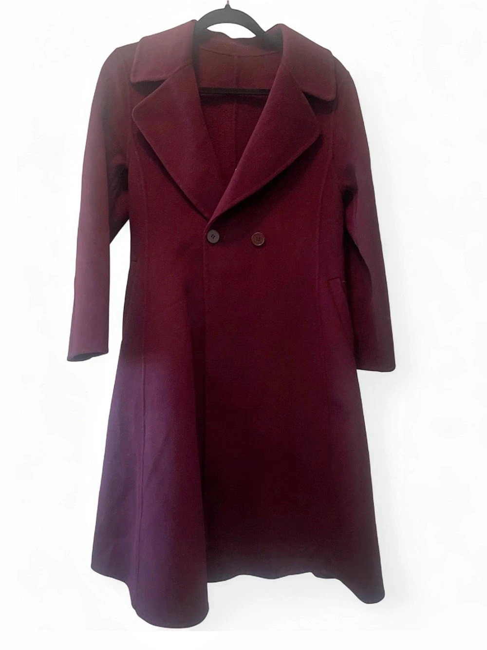 *100% WOOL* Cranberry / Burgundy Double-Breasted Trench Coat - SIZE MEDIUM - Picture 3 of 6